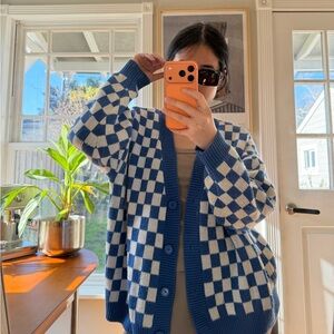 Blue and White Checkered Cardigan